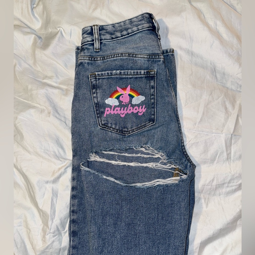 PACSUN x PLAYBOY Women's Distressed Blue Jeans with logo in  Pocket and big open